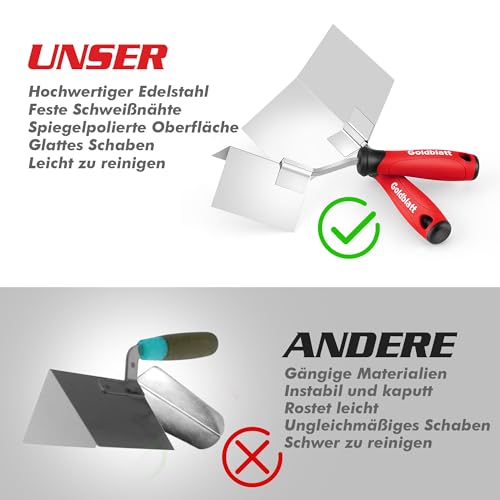 Goldblatt 2-tlg. Eckenkelle Set, 126 x 100 mm Inneneckenkelle & 89 x 62 mm Außeneckenkelle, Eckspachtel Kantenkelle aus Edelstahl mit weichem Griff, Rostfreie Eckkelle für Gipsarbeiten