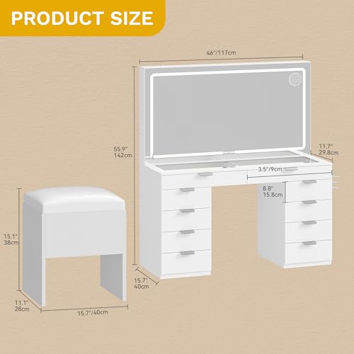 DWVO Vanity Desk Set with Mirror & Power Outlets, Vanity Table with 3 Dimmable Light Colors, 10 Drawers, Hair Dryer Rack – Modern Makeup Table with Hidden Storage Stool