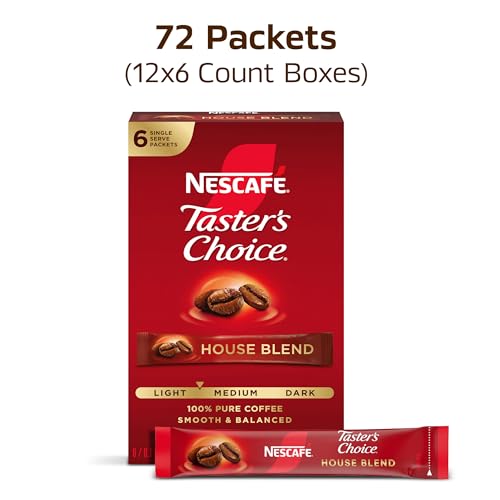 NESCAFE Taster's Choice, House Blend Light Medium Roast Instant Coffee, 12 boxes (72 packets)