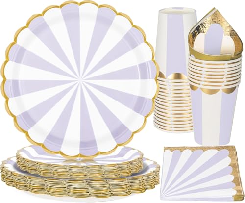 PARTY GO 96 Pezzi Stoviglie per Feste Per 24 Ospiti Con Piatto Strisce Usa e Getta di Carta Party Tazze Tovaglioli, Piatti Carta per Compleanno, Nuziale Doccia, Fidanzamento, Matrimonio, Viola
