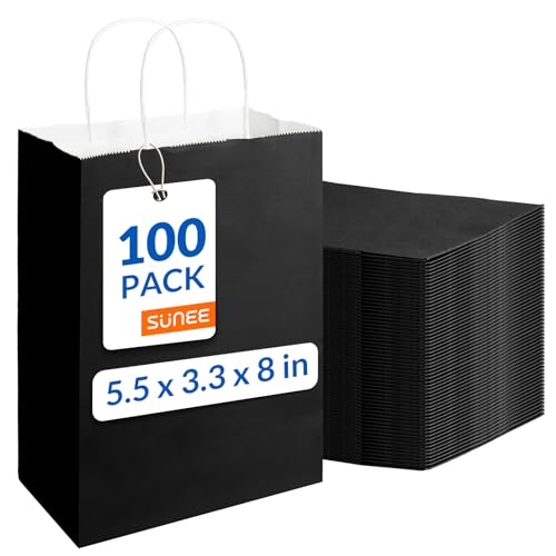 SUNEE 100 Pcs Black Gift Bags with Handles 5.5x3.3x8 Small Paper Gift Bags Bulk for Small Business Retail Merchandise Grocery and Wedding Birthday Party Favor - Black