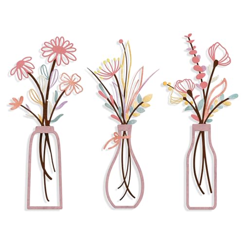 Pigort 3 Pieces Metal Flowers Wall Arts - Rustic Farmhouse Style Décor Metal Wall Art Black Minimalist Flower Natural Themed Wall Decors for Home Bedroom Dining Room Housewarming (Pinkish)