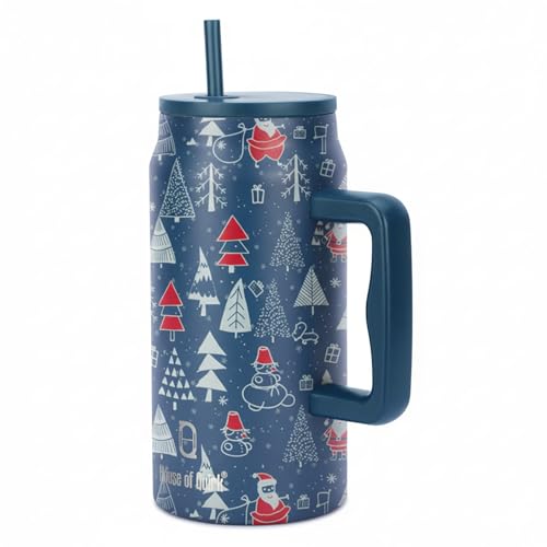 Image of House of Quirk 1500ML Stainless Steel Mug Tumbler with Handle & Straw Lid - Large Water Bottle for Men & Women (Merry Blue)