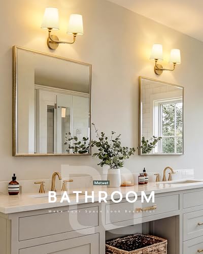 Image of 2-Light Bathroom Light Fixtures, Brushed Gold Vanity Lights, Double Wall Sconce with Linen Fabric Shade, Modern Sconces Wall Lighting for Hallway Bedroom Stairway, VL837-BG-A-2