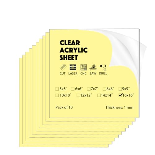 10 Pack 16x16x0.04(1mm) Thick Acrylic Sheets Transparent Plexiglass Panels with Protective Film for Picture Frame Art Design, DIY Craft, Signage, Display, and Home Projects