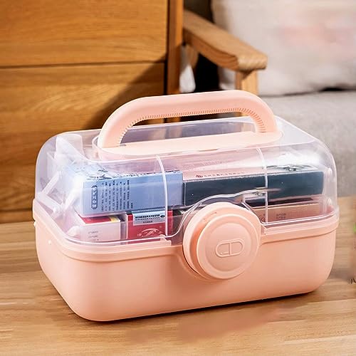Image of First Aid Medicine Box, 3-Tier Fold Tray Medicine Storage Containers, Multipurpose Empty Portable Storage Box, Sewing Box, Tool Box for Keeping Tools, Jewelry, Arts, Sewing, First Aid Kits [Pink]