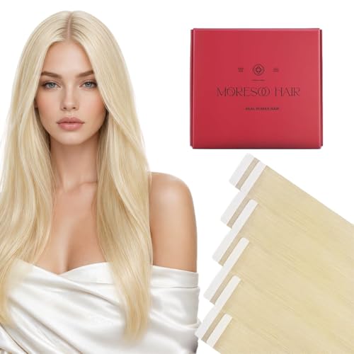 Image of Moresoo Platinum Blonde Seamless Tape in Extensions 24 Inch 10Pcs 25g | Invisible Tape ins, Real Human Hair, Long Hair Styling, Lightweight Wear, Color Accent, Wedding Hairstyle, Party Look