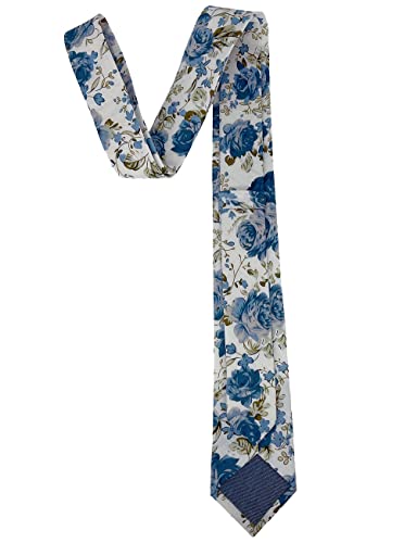 Kebocis Mens Cotton Skinny Necktie Thin Tie For Men Blue Flowers - White #TOP2