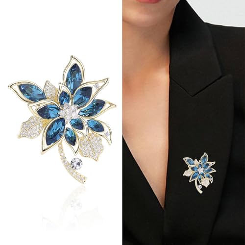 Image of Sparkling Rhinestone Flower Brooch Pin Premium Blue Purple Crystal Flower Brooch Lapel Pins Vintage White Rose Broochs Clothes Hat Bag Dress Clothing Jewelry for Women