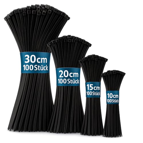400 Stück Kabelbinder Schwarz Set, 100/150/200/300mm Nylon Wiederverwendbare & UV Beständig Selbsthemmend Hochbelastbare für Kabelmanagement Gartenarbeit Wohnen Werkstätten Hochbelastbar