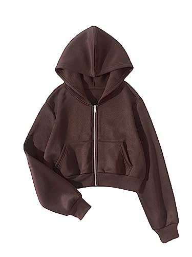 SHENHE Women's Casual Zip Up Hoodie Long Sleeve Drop Shoulder Fall Tops Crop Hoodies Sweatshirts with Pockets Chocolate Brown Medium