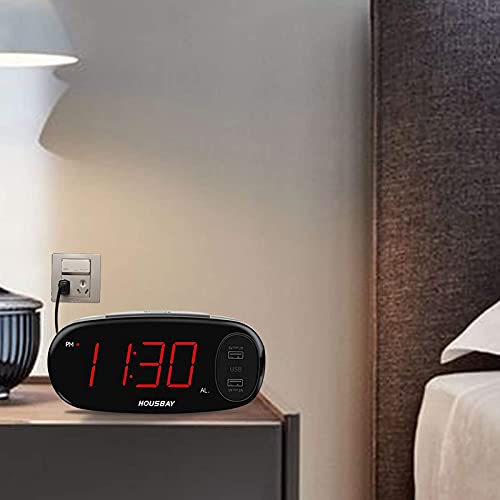 HOUSBAY Digital Alarm Clock with Dual USB Charger, No Frills Simple Settings, Easy Snooze, 6.5" Big LED Alarm Clocks for Bedrooms with Dimmer, Outlets Powered