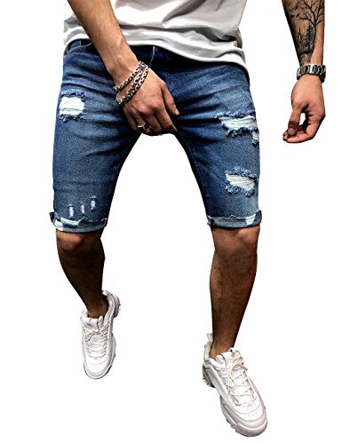 Ursmartt Men's Fashion Ripped Denim Shorts Ripped Short Jeans Slim Fit Denim Short with HOL, Blue, Large