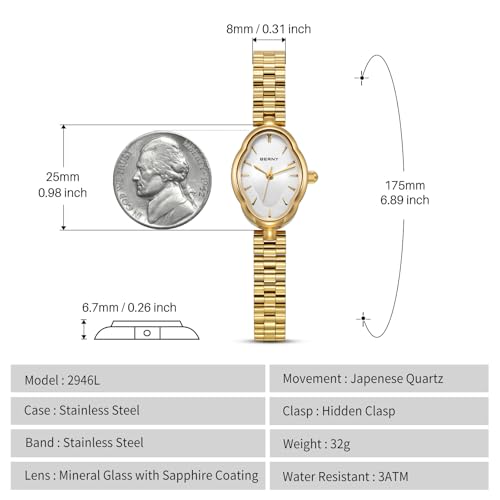 BERNY Gold Watches for Women Dainty Ladies Quartz Watch Vintage Copper Mirrors Shape Japanese Quartz Movement 3ATM Waterproof Fashion Female Wrist Watch Luxury Birthday Gifts - Image 7