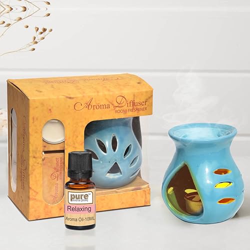 Image of Pure Source India Ceramic Aroma Oil Diffuser Gift Set with 10ML Relaxing Oil & Tealight Candles | 97 Burner for Home Fragrance & Relaxation | Ideal for Gifting & Home Decor (Sky Blue)