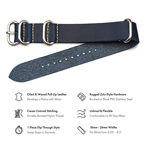 Benchmark Basics Leather Watch Band - Zulu Crazy Horse Oiled Leather One-Piece Military Watch Strap - Choice of Color & Width - 18mm, 20mm, 22mm or 24mm