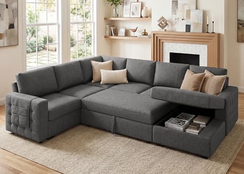 Image of HONBAY Sectional Sleeper Sofa with Pull Out Bed U-Shape Sectional Couch Sleeper Bed with Storage Chaise 6 Seater Sleeper Sectional Sofa, Light Grey
