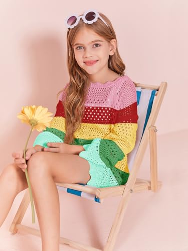 Image of Batermoon Girls Crochet Long Sleeve Swimsuit Cover Up Kids Fashion Hollow Out Swimwear Beach Dress 5-14 Years