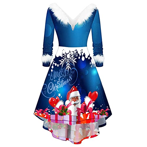 Robe de Noël imprimé renne col V vêtement festif et élégant pour femme à manche longue
