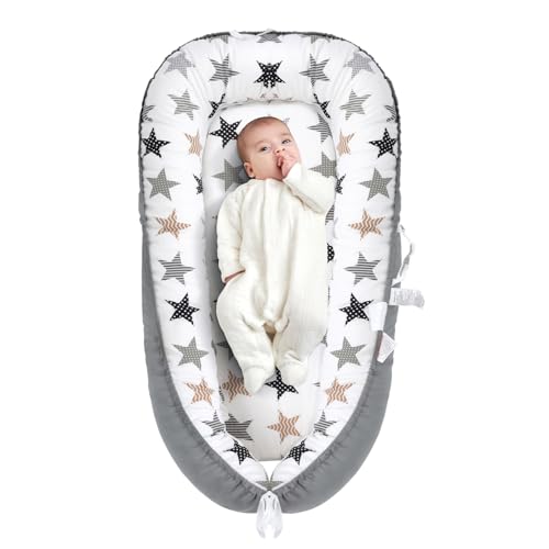 Image of Saeifin Baby Lounger for Newborn, Infant Lounger for 0-24 Months, Co Sleeper for Girls Boys, 100% Cotton Soft Adjustable Baby Floor Seat for Travel, Portable Baby Nest Lounger(Star)