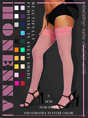 Image of HONENNA Semi Sheer Stay Up Lingerie Thigh High Stockings Lace Top Size A-F