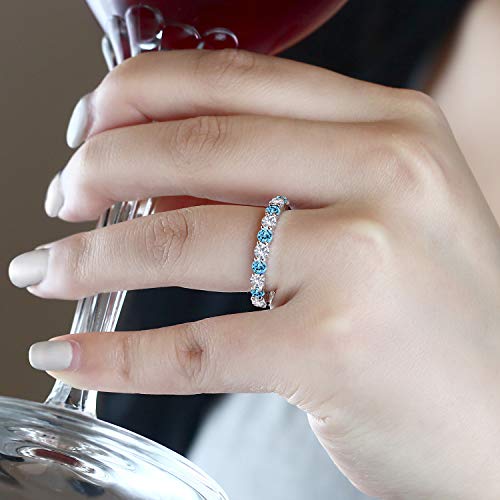 Gem Stone King 925 Sterling Silver Round Swiss Blue Topaz And White Created Sapphire Women Eternity Band Ring (1.50 Cttw, Gemstone Birthstone) (Size 7) #TOP4
