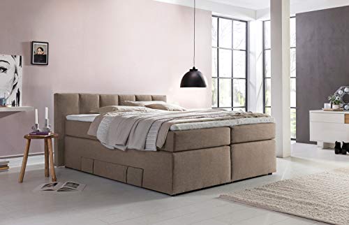 Möbelfreude Doluna Andybur Boxspringbett 180x200cm Beige/Grau H3 | 7-Zonen Taschenfederkern Matratze & Visko-Topper | 90 cm hohes Kopfteil ideal für Dachschrägen + Bettkasten für Stauraum Cover