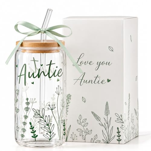 Celebloom Auntie Gifts Glass Cup Birthday Gifts for Aunt from Niece Nephew | Coffee Tumbler with Lid Straw for New Auntie To Be Auntie Aunt Announcement Christmas Thanksgiving Basket Stuffer 16oz - image 1
