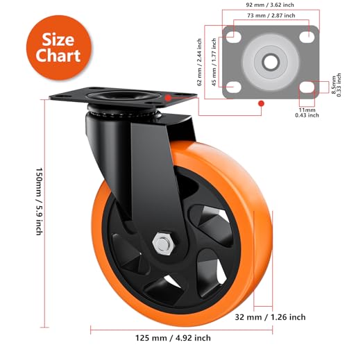 Image of 5 Inch Caster Wheels, Casters Set of 8 Heavy Duty, Orange Polyurethane (PU) Casters, Industrial Swivel Top Plate Castor Wheels for Workbench /Furniture /Cart (Pack of 8)