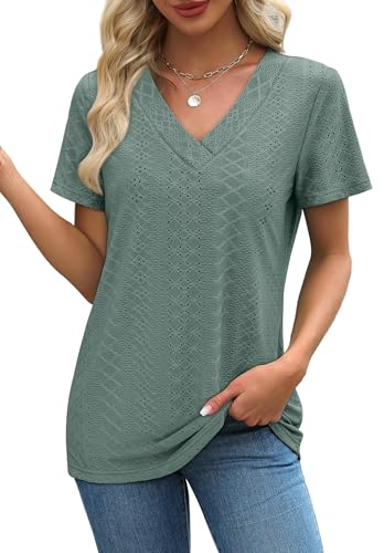 SAMPEEL Womens Summer Tops Trendy 2025 Eyelet Crossed V Neck T Shirts Loose Casual Short Sleeve Tshirts Shirts Fashion3
