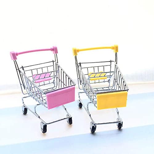 2 Pcs Mini Shopping Cart Small Supermarket Cart Metal Shopping Utility Supermarket Handcart Trolley, Yellow and Pink