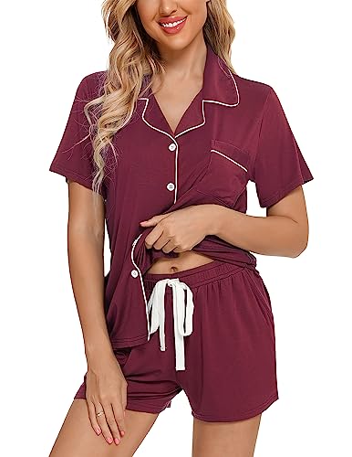 Image of Pjmlifecoco Women's Modal Pajama Set Short Sleeve Button Down Two Piece Soft Sleepwear with Shorts Loungewear S-XXL
