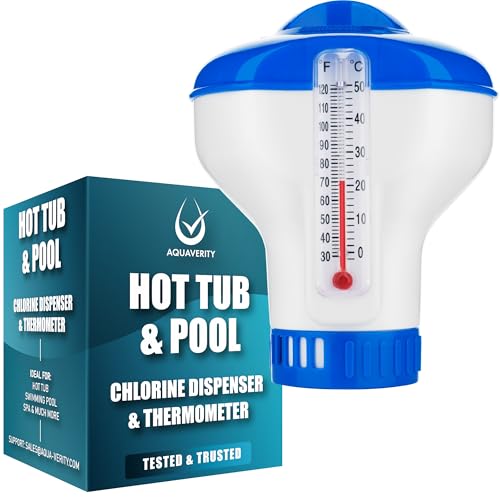 AQUAVERITY Chlorine Dispenser for Hot Tub with Built-in Thermometer – Floating Chlorine Dispenser for Hot Tubs, Pools, and Spas – Adjustable Flow Control, Durable Design