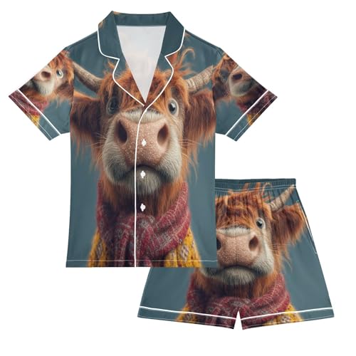 Satin Pajama Sets Short Sleeve Funny Highland Cow Fall Button Down Silky Nightwear 2 Piece PJS 5-14Y