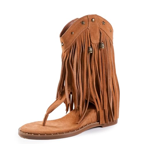 Image of Women's Bohemian Tassel Gladiator Sandals Brown Suede Thong Flip Flops for Fringe Summer Wedge Heel Sandal with Rivets Western Shoes