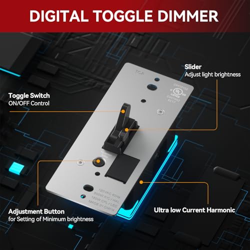 Image of AIDA Toggle Slide Dimmer Switch for Dimmable LED Light /CFL /Incandescent 600 Watt max, Single-Pole or 3-Way, Rocker On /Off Wall Switch with Dimmer Slider, Wall Plate NOT Included, UL, Black, 1 Pack