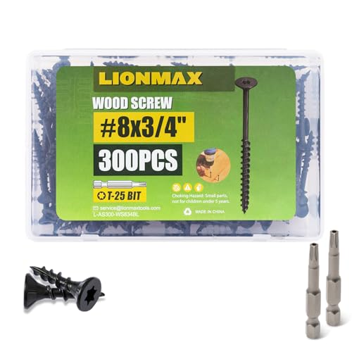 Image of LIONMAX Deck Screws 3 /4 Inch, Wood Screws #8 x 3 /4 inch, 300 PCS, Rust Resistant, Exterior Epoxy Coated, Outdoor Decking Screws, Torx /Star Drive Head Screw, T25 Star Bit Included, Black