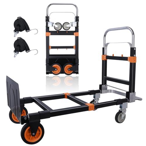 Heavy Duty Folding Hand Truck Dolly with 360° Universal Wheels, Black and Orange, Telescoping...