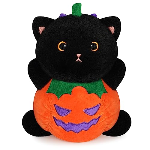 Yamepuia Halloween Cat Plush,Black Cat Stuffed Animals Pumpkin Plush Black Cat in Pumpkin Costume, Cat Plushie Toy for Kids Halloween Party Decoration