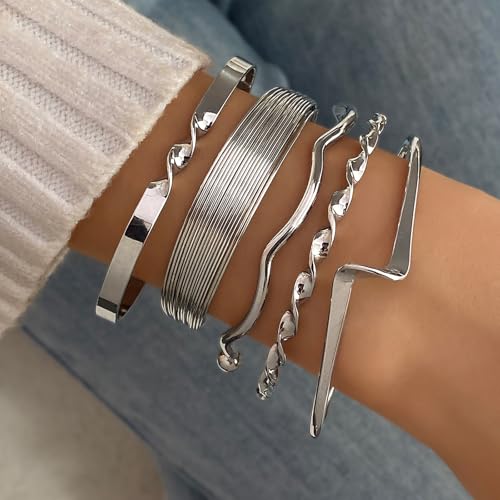 IFKM Silver Bangles Bracelets For Women, Multi Layer Stackable Open Cuff Bracelet Set, Trendy Elegance Charms Non Tarnish Minimalist Textured Boho Jewelry Gift for Women3