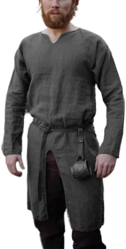 Tunica Medievale Vichinga Uomo – Camicia Rinascimentale Maniche Lunghe, Colletto A V – Abbigliamento Cosplay, Rievocazione Storica, Casual