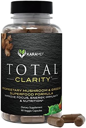 KaraMD Total Clarity – Supergreens & Mushroom Supplement Capsules – for Brain Focus, Immune Support & Energy – Vegetable Capsules – 30 Servings (90 Capsules) – 1 Pack