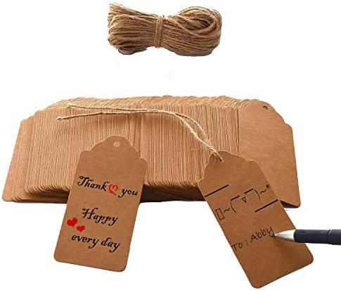 Kraft Paper Tags, 120 PCS Brown Craft Hang Tags with Free 100 Ft Natural Jute Twine Attached, Personalized Gift Name Tag Blank Gift Bag Tags Thank You Tags Big Product Tags 1.96 x 3.93 inch