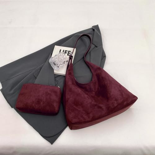 Image of Lushandy Brown Suede Purse Faux Suede Tote Bag Leather Hobo Bags for Women Slouchy Hobo Bag Fall Purse Shoulder Bag