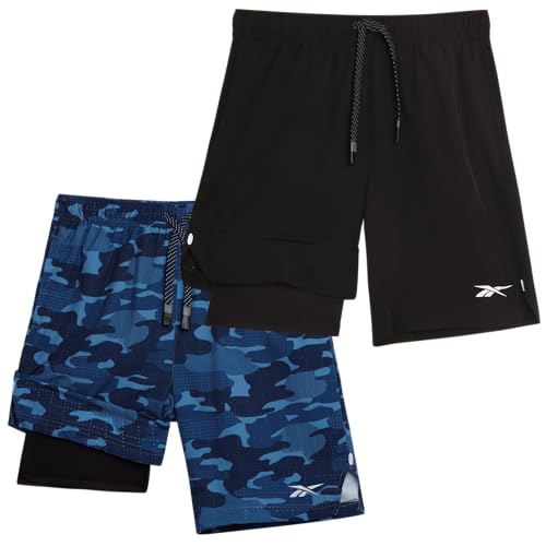 Reebok Pantalones cortos deportivos para niños, 2 en 1, pantalones cortos de baloncesto para niños con forro de compresión, pantalones cortos para correr de secado rápido, Camuflaje azul marino/negro