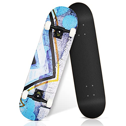 INTEGEAR Standard Skateboards and Trick Skateboards 31â€ 7 Layer Maple Deck Concave Complete Skateboard Double Kick Waterproof Cool Painting Beginners Teen Boys Girls Kids and Adult