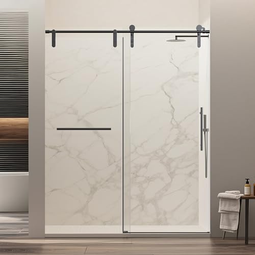 Image of 56-60 inch W x 76 inch H Frameless Single Sliding Shower Door, Bathroom Glass Shower Doors with 5 /16 inch (8mm) SGCC Tempered Glass, Stainless Steel Towel Rail Handle and Heavy Duty Frame, Matte Black