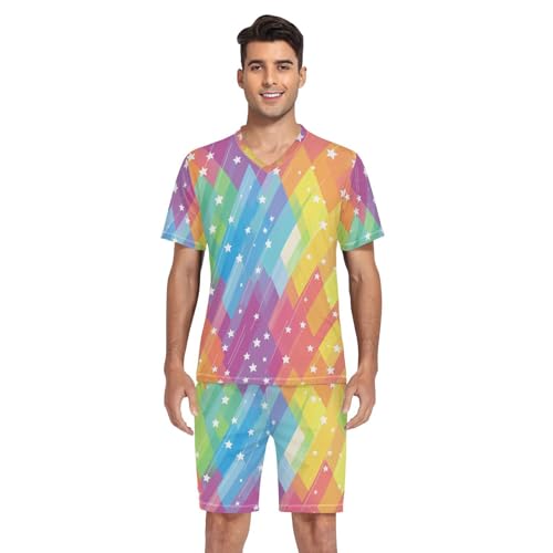 Rainbow Star Men’s Pajama Sets Short Sleeve Lounge Wear with Elastic Waistband and Drawstring4