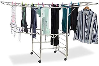 Relaxdays XXL Clothes Drying Rack, Standing, Tower Airer on Wheels, Foldable, HWD 111 x 185.5 x 53 cm, Silver