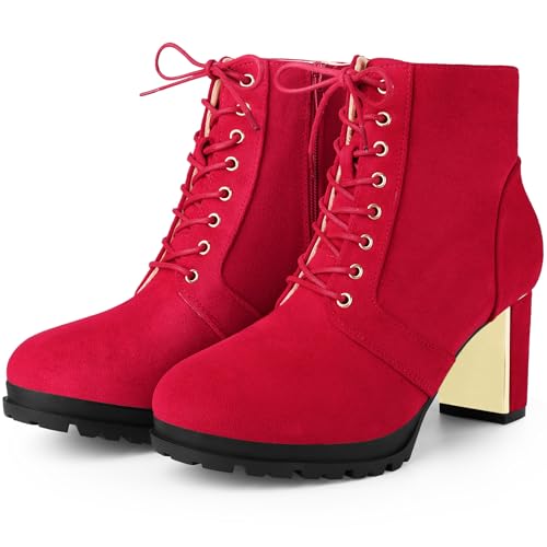 Image of Allegra K Women's Round Toe Lace Up Chunky Heel Combat Boots Red 7 UK/Label Size 9 US